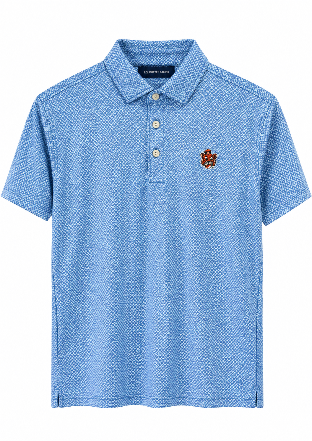 A light blue short-sleeve polo shirt with a subtle micro-pattern, featuring a three-button placket and a small embroidered crest on the left chest, displayed on a clean white background.