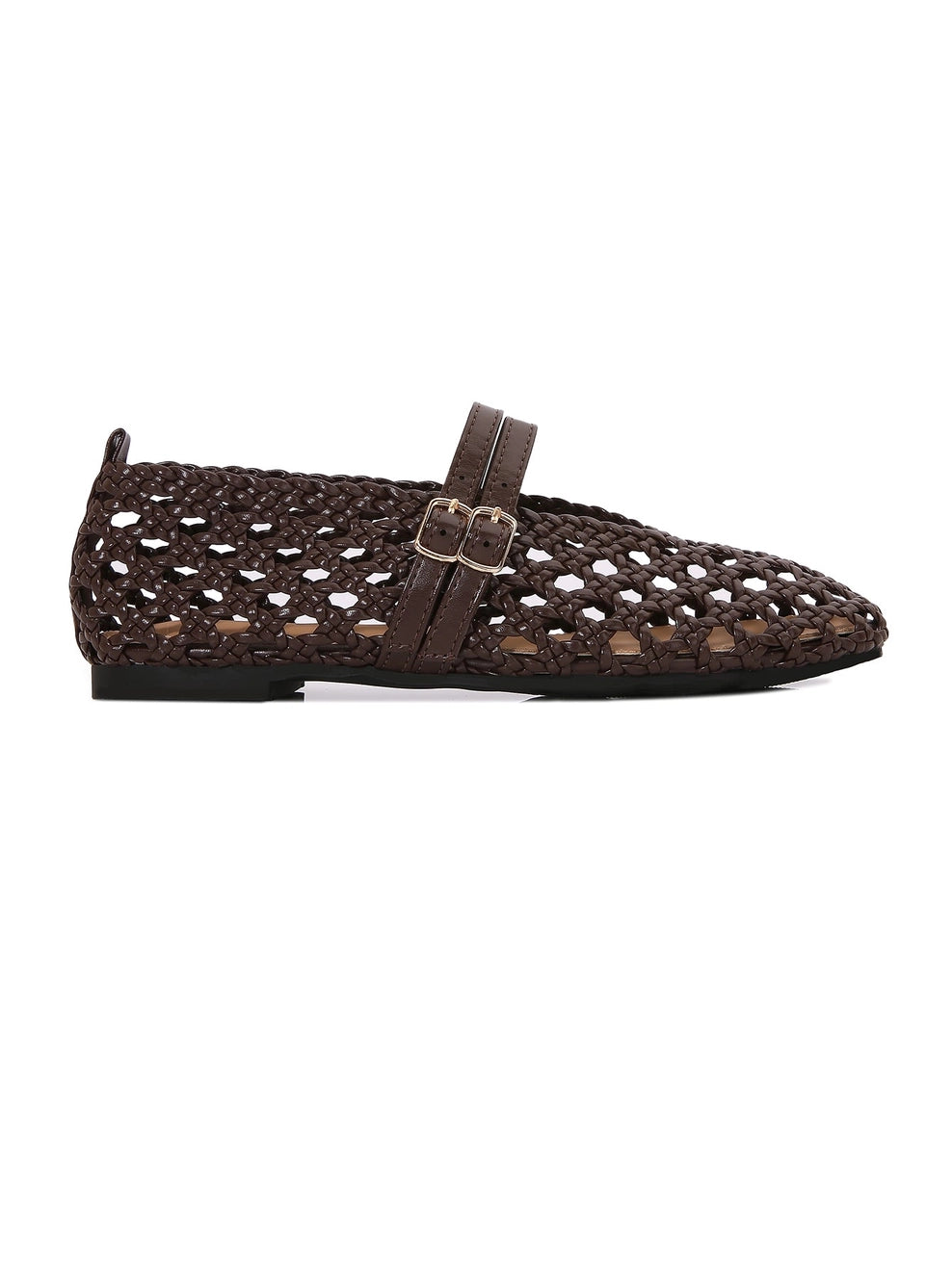A single brown slip-on woven flat, shown in a side profile against a white background.
