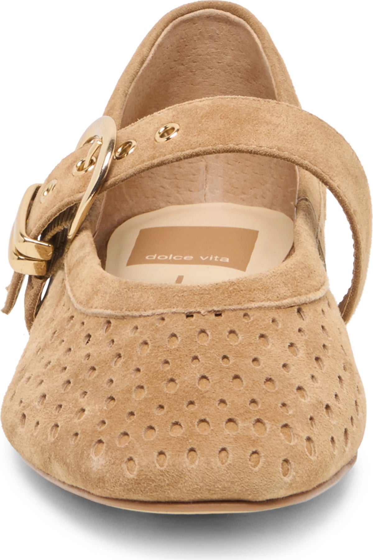 Light brown mary jane flat with perforated holes and a gold buckle on a white background. 