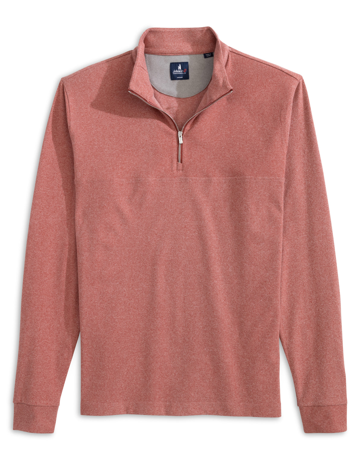 Pink long-sleeve shirt with a quarter zip on a white background
