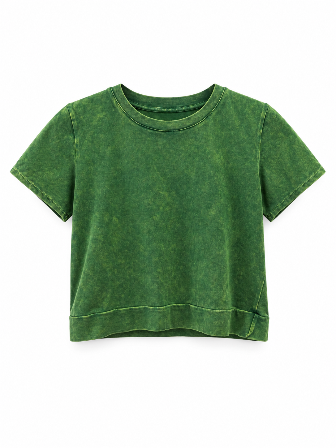 Moss green mineral-wash cropped top with a crew neckline, short sleeves, relaxed boxy fit, and wide bottom band on a white background.