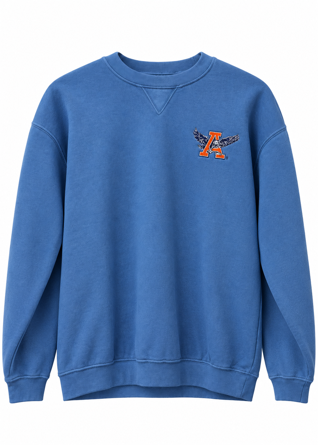 A blue crewneck sweatshirt with a small orange and black embroidered letter 'A' graphic on the left chest, displayed against a solid white background.