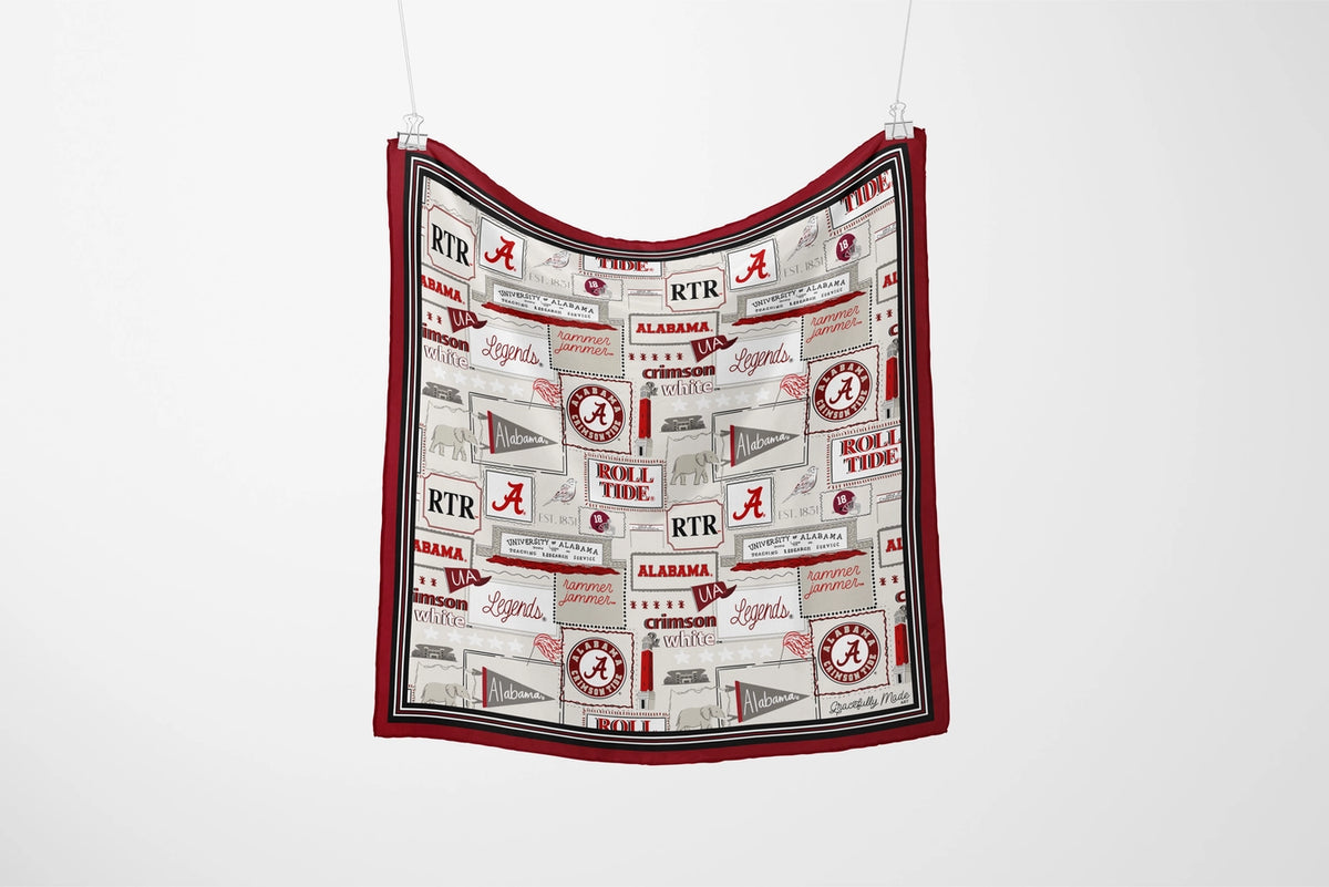 Alabama-themed blanket with red and white design on a white background