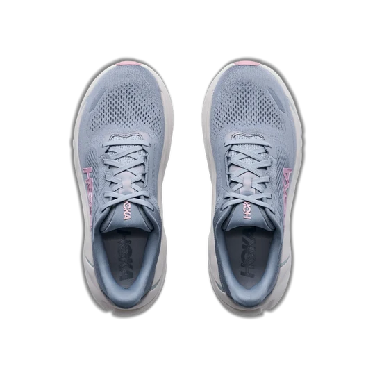 A pair of Hoka running shoes in light blue-gray with pink accents, shown from a top-down view on a white background.