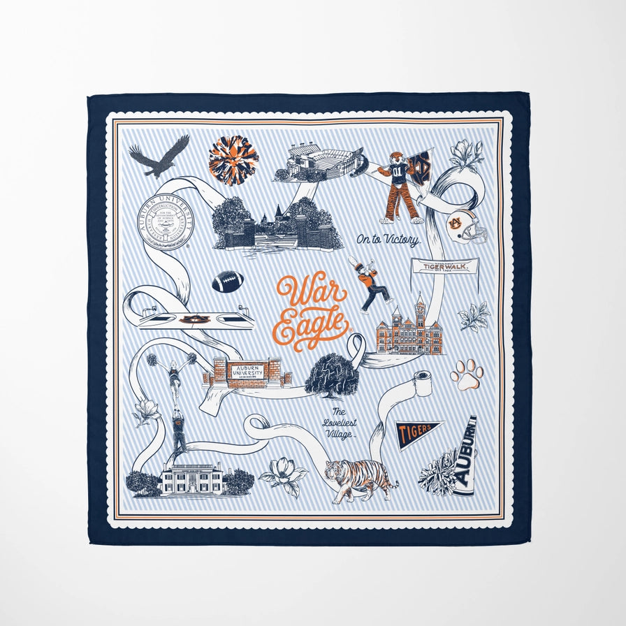A square bandana featuring a detailed collegiate graphic design for Auburn University. The design includes illustrations of the Auburn Tigers, the Auburn State cap, the Auburn Tigers mascot, the Auburn campus, and the words 'War Eagle' and 'Auburn' on a light blue and white striped background with a dark navy blue border.