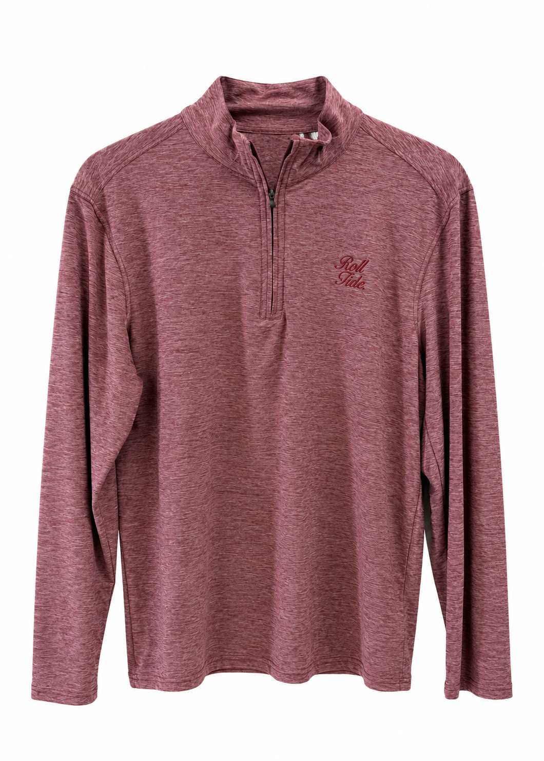 A heathered dusty rose long-sleeve quarter-zip pullover with a small embroidered logo on the left chest, displayed against a solid white background.