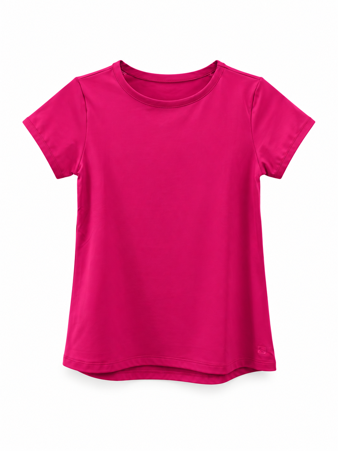 A bright pink short-sleeve crewneck t-shirt displayed flat against a clean white background.