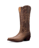 A single brown leather cowboy boot with a pointed toe and decorative western stitching, shown in profile against a plain white background.