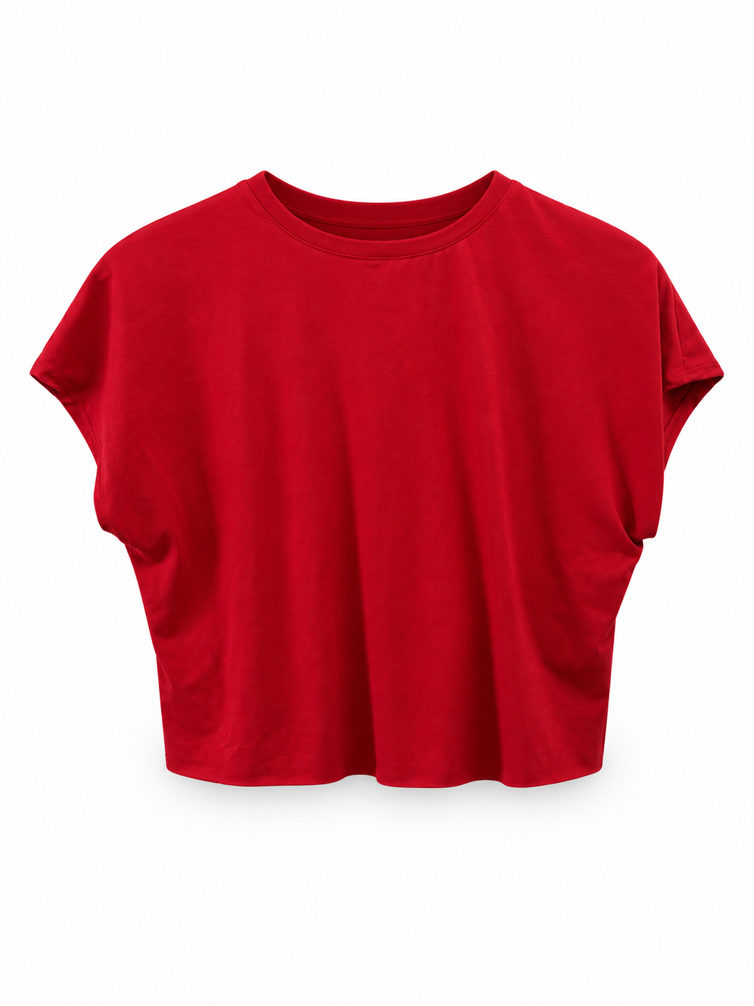 A bright red short-sleeve crop top with a relaxed, slightly oversized fit, shown against a plain white background.