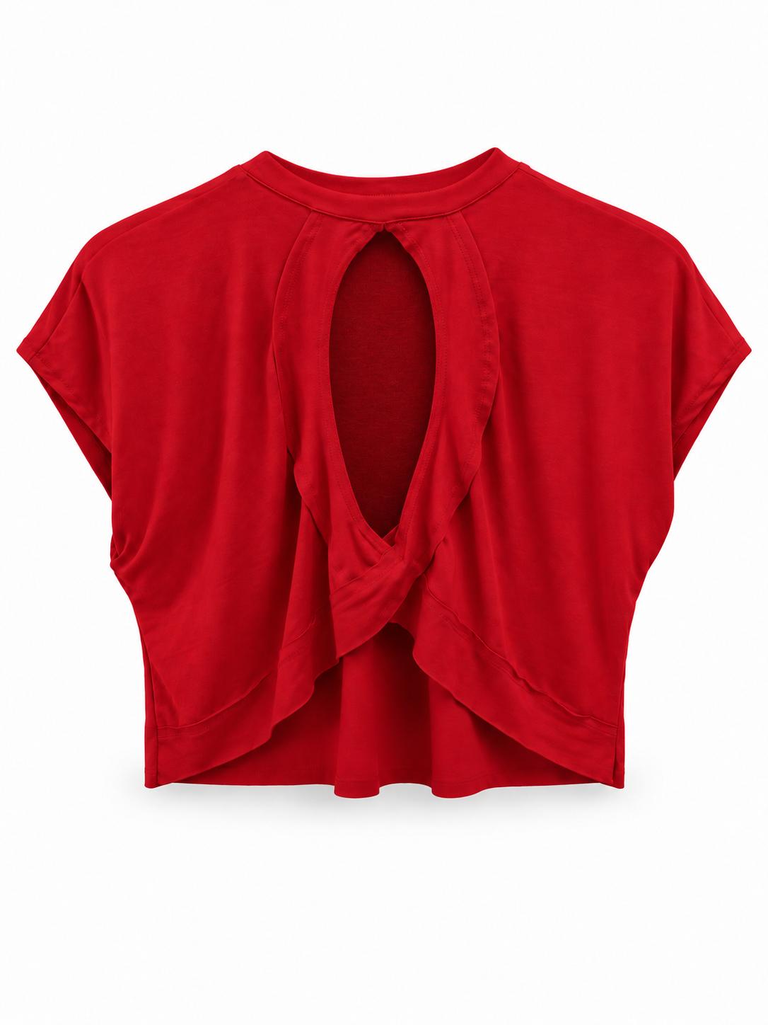 A bright red short-sleeve crop top with a large keyhole cutout at the back and a twisted front drape detail, shown on a plain white background.