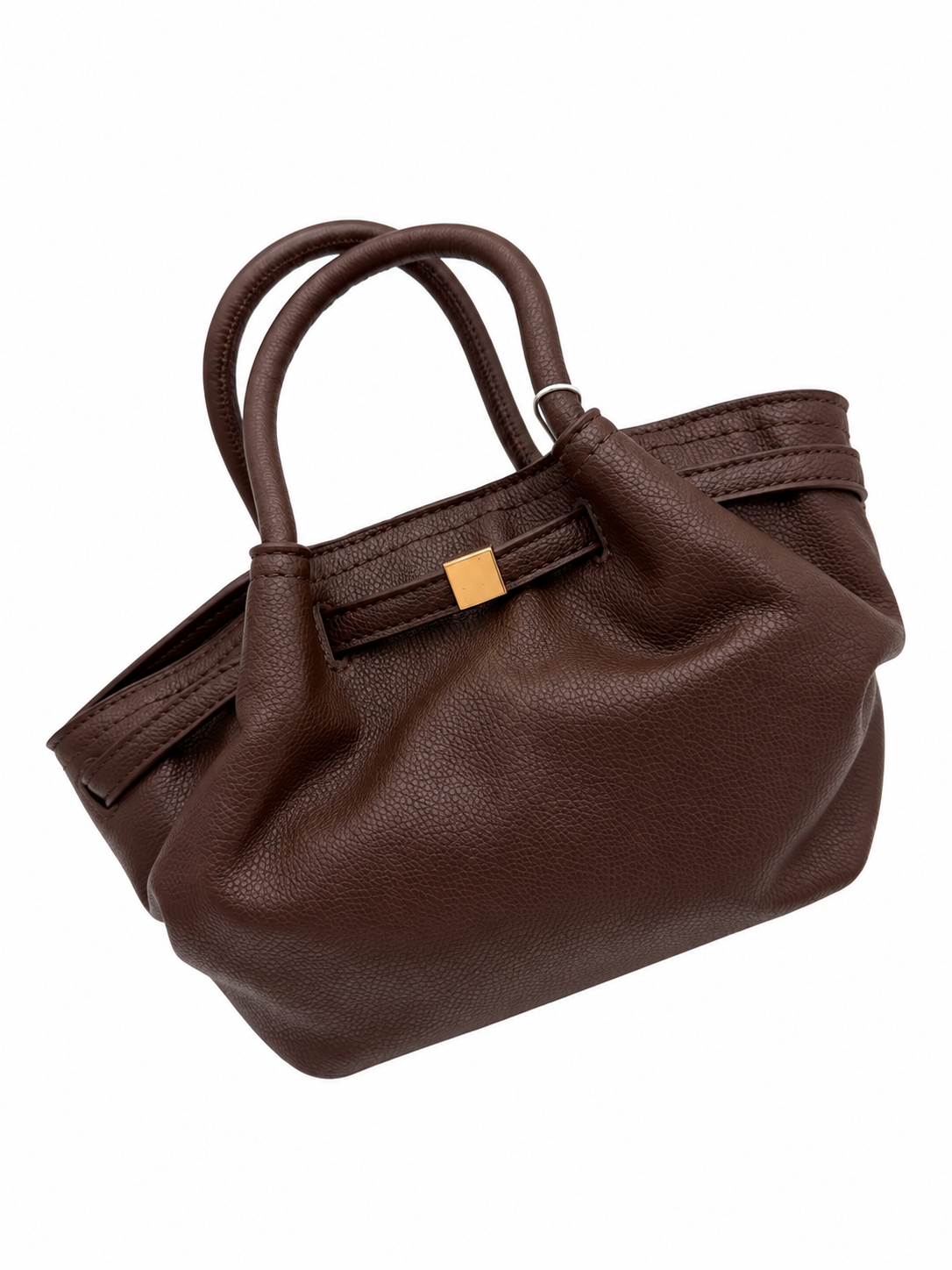 brown leather clutch against a white background 