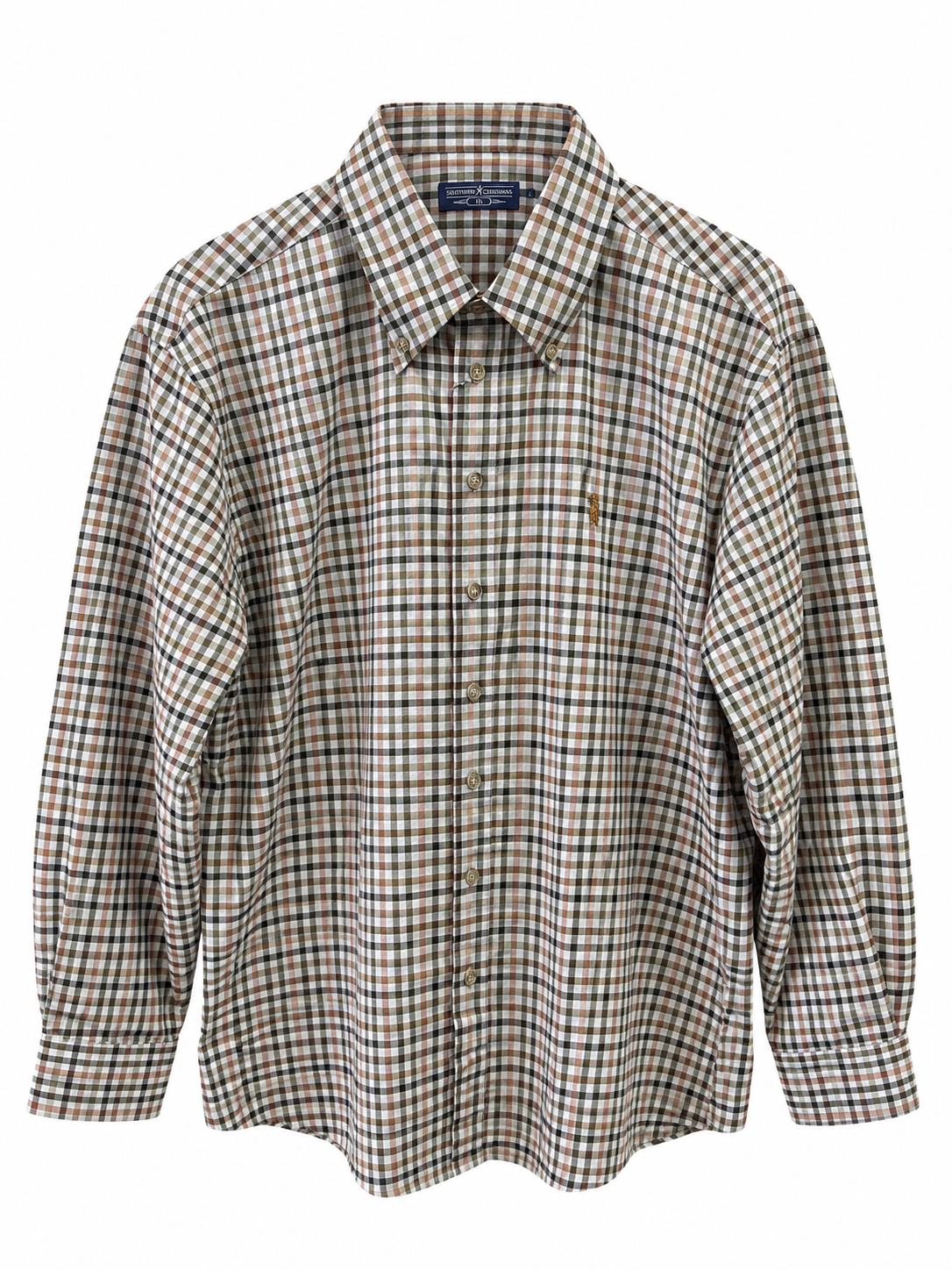 A long-sleeve button-up shirt in a brown, beige, and white checkered pattern, featuring a classic collar and a small embroidered polo pony logo on the left chest.