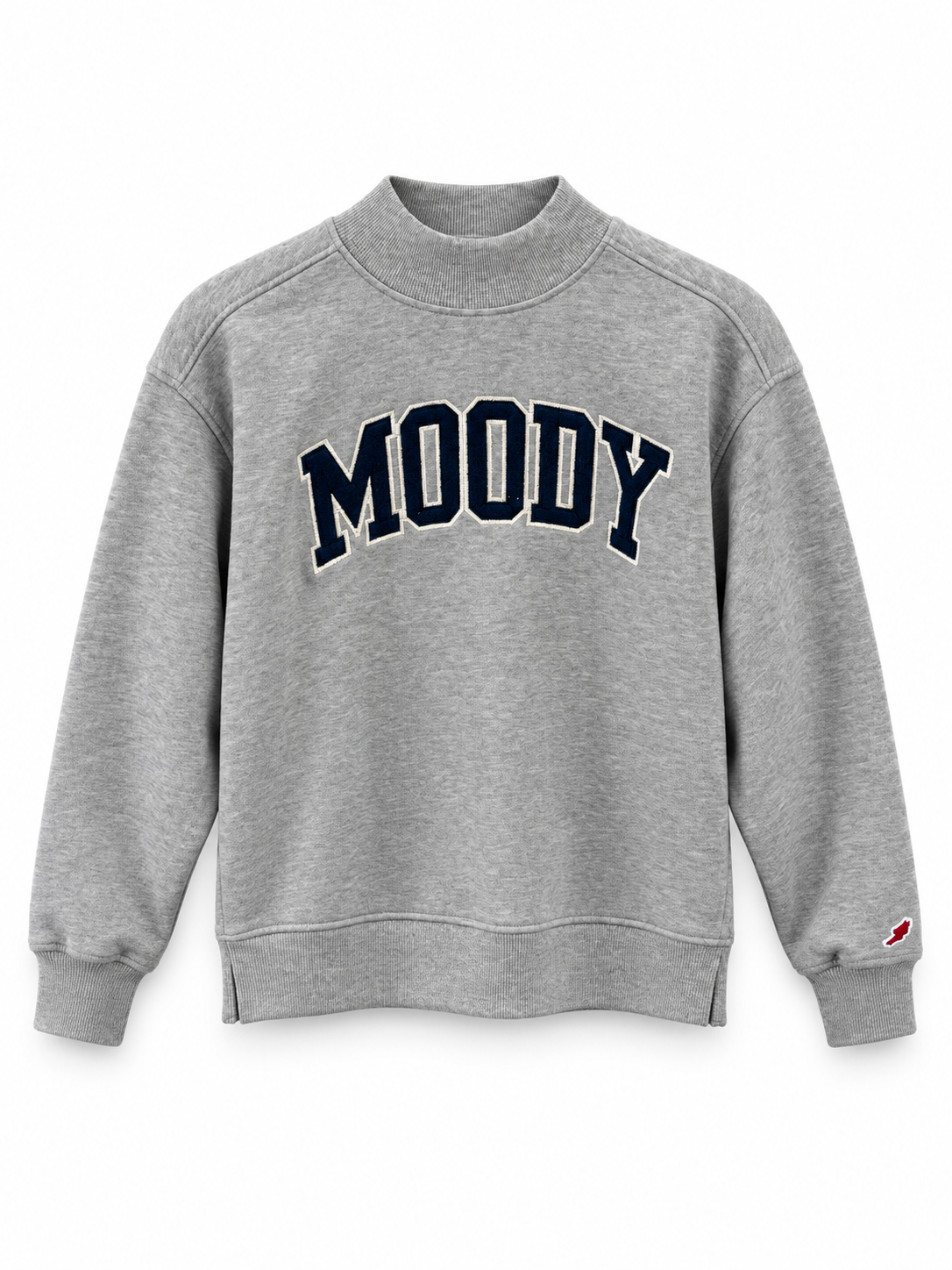 Heather gray mock-neck sweatshirt with navy “MOODY” varsity lettering outlined in cream, long sleeves, and ribbed cuffs and hem on a white background.