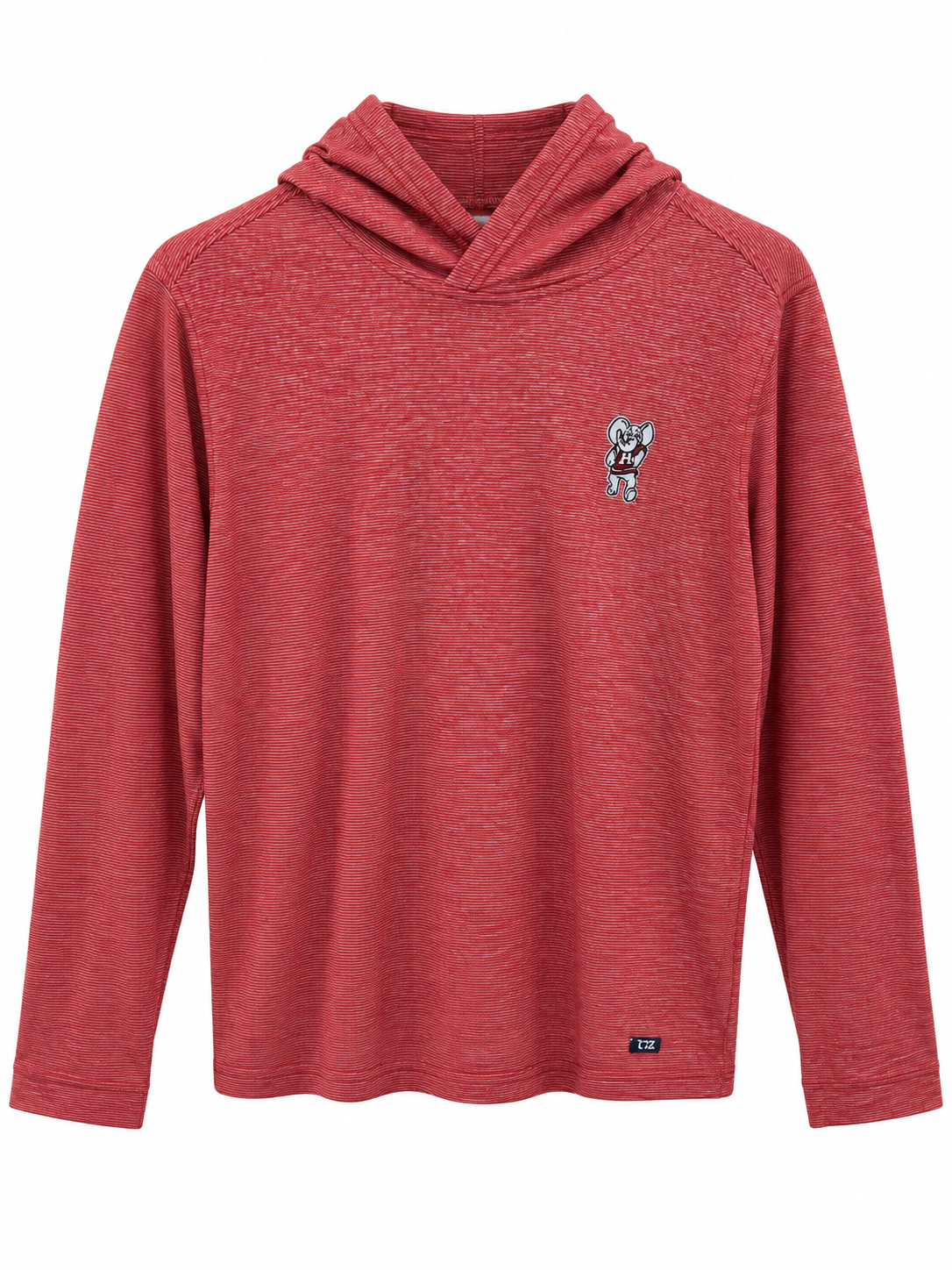 A heathered red long-sleeve hooded shirt with a small embroidered bear logo on the left chest, displayed against a solid white background.