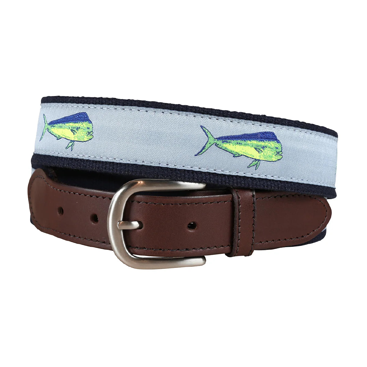 Gray belt with blue and green embroidered fish with a navy border and brown and silver hardware on a white background. 