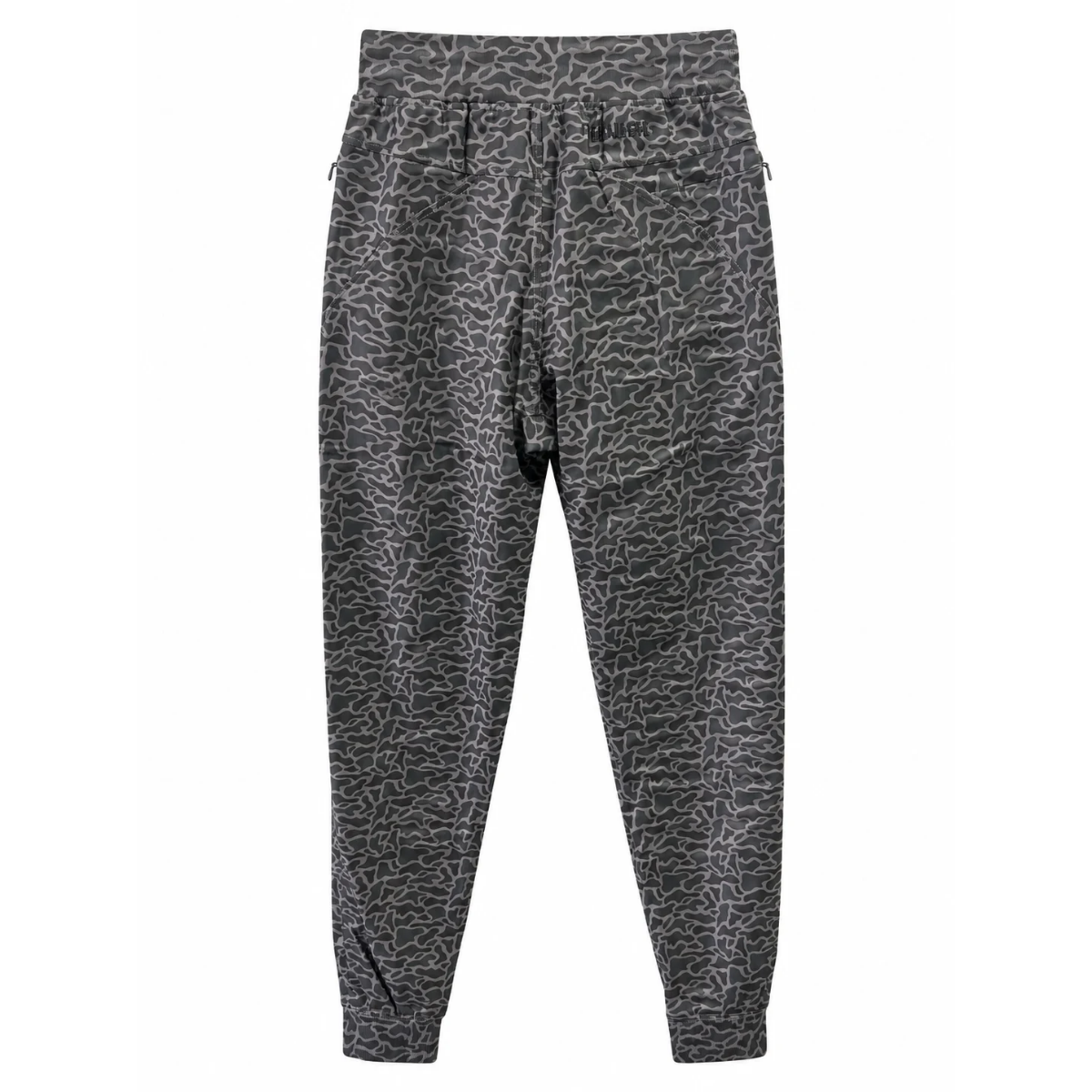 A pair of dark gray jogger-style pants with an all-over abstract wavy pattern in lighter gray and white, shown flat against a solid white background.