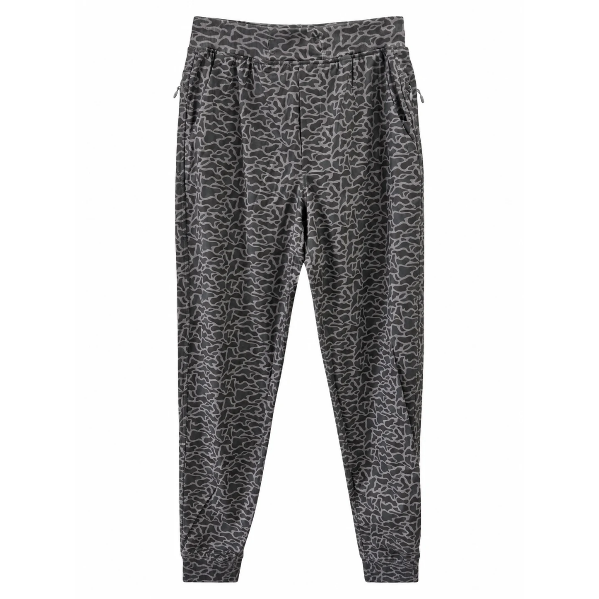 A pair of dark gray jogger-style pants with an all-over abstract black and white line pattern, shown flat against a solid white background.