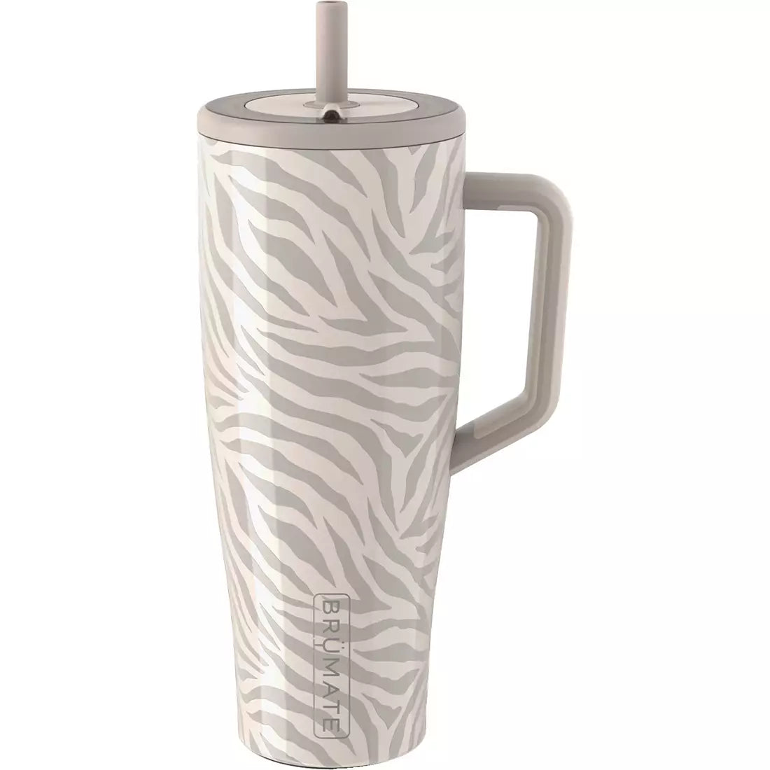 Tumbler with zebra pattern and handle on a white background