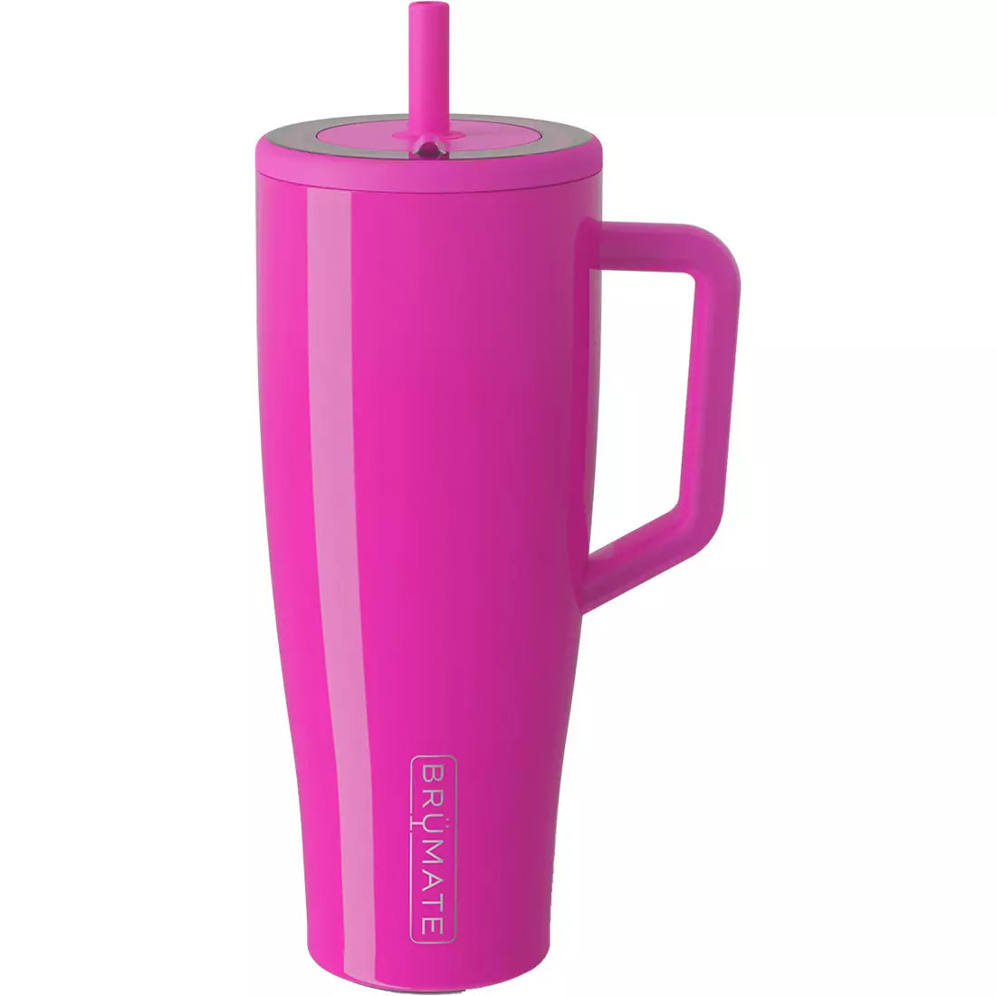 Pink insulated mug with handle and straw lid on a white background