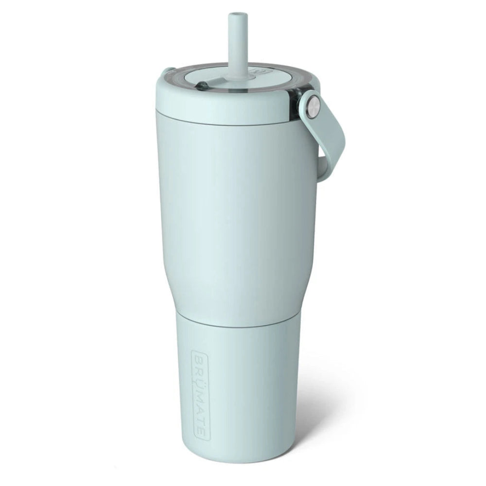 A light mint green insulated travel tumbler with a matching straw lid and carry loop, shown on a clean white background. The brand name 'BRAMATE' is embossed vertically near the bottom.