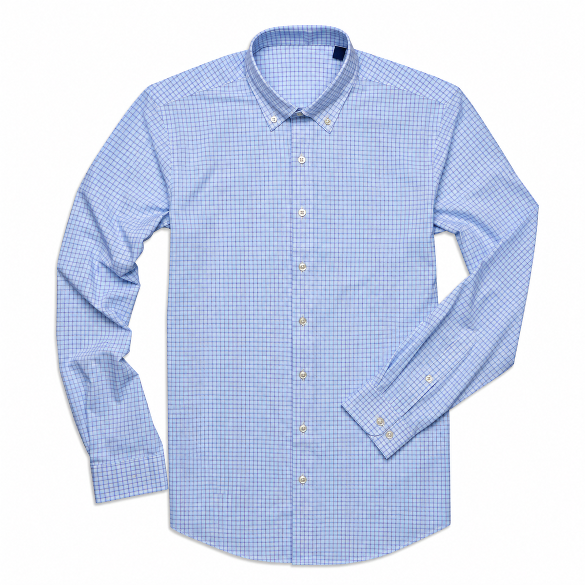 Blue and white checkered button down on white background