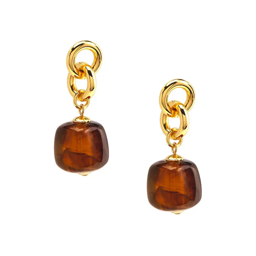 A pair of gold drop earrings featuring a polished gold chain link and a faceted amber-brown bead dangle, shown on a plain white background.