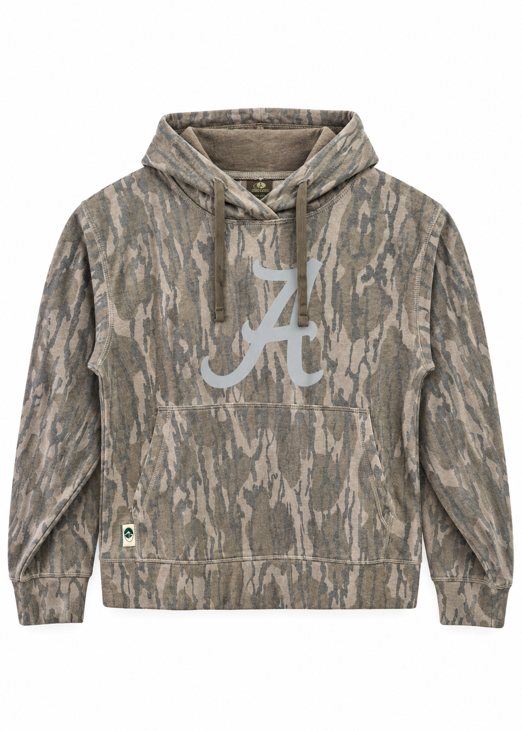 little boys camo hoodie with Alabama "A" script on the front in grey silver color