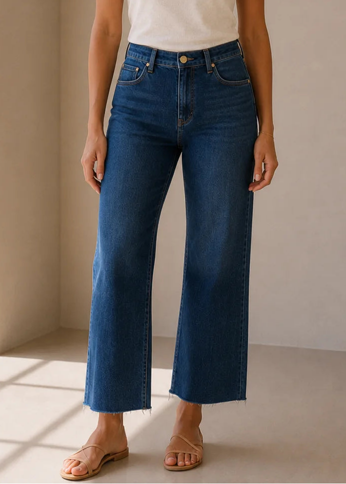 A woman stands in a minimalist beige room wearing dark blue cropped flare jeans, a white t-shirt, and tan flat sandals.