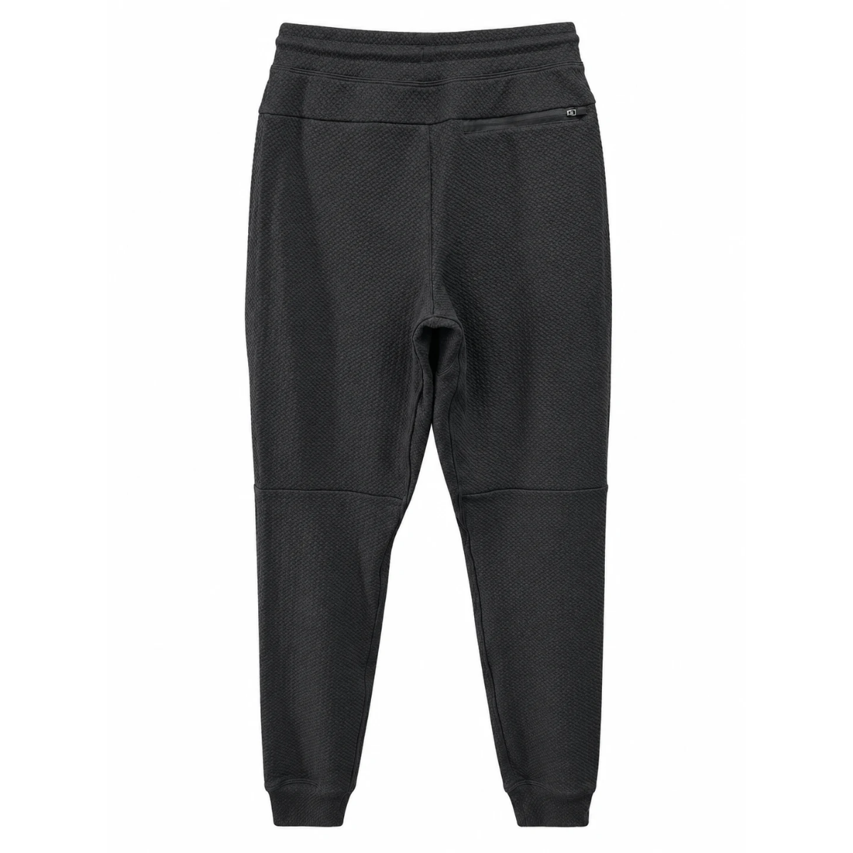 Black textured jogger pants with an elastic waistband and ribbed ankle cuffs, shown from the back on a white background.