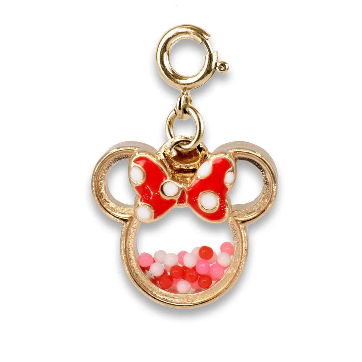 A gold-tone metal charm shaped like a mouse head silhouette with a red bow featuring white polka dots and pink/red glitter-filled lower section, shown on a plain white background.