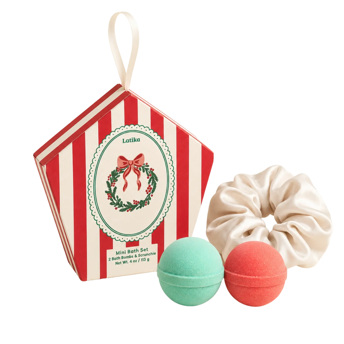 gift box showing two bath bombs and a scrunchie 