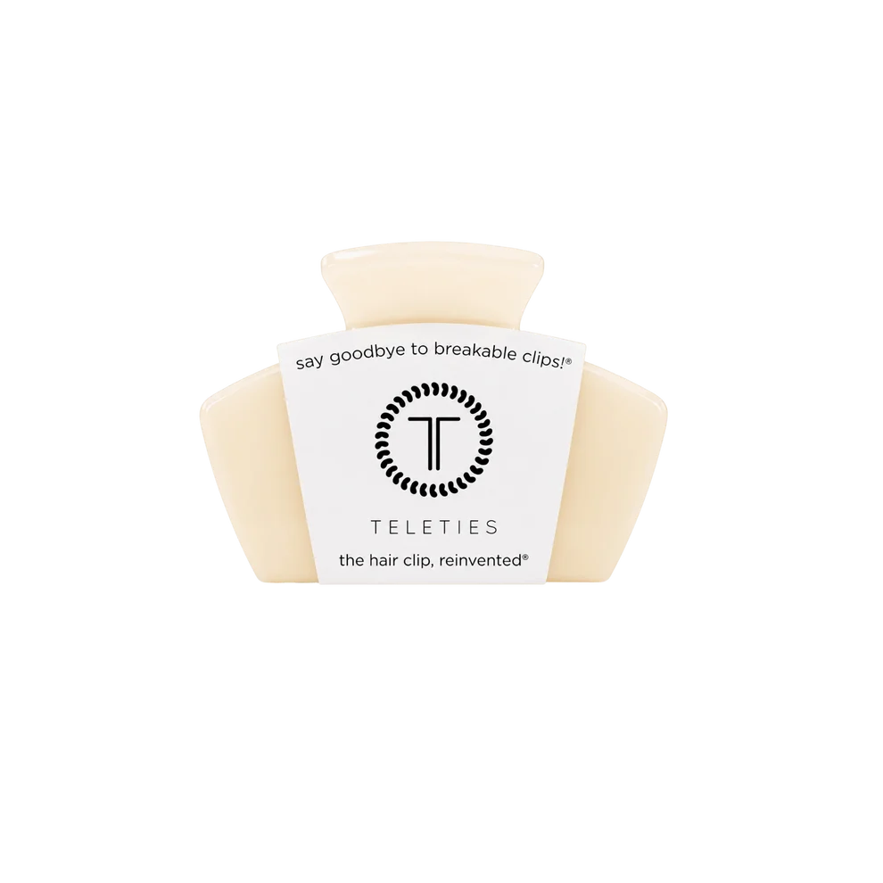 Small almond white claw clip with Teletie branding on a white background. 