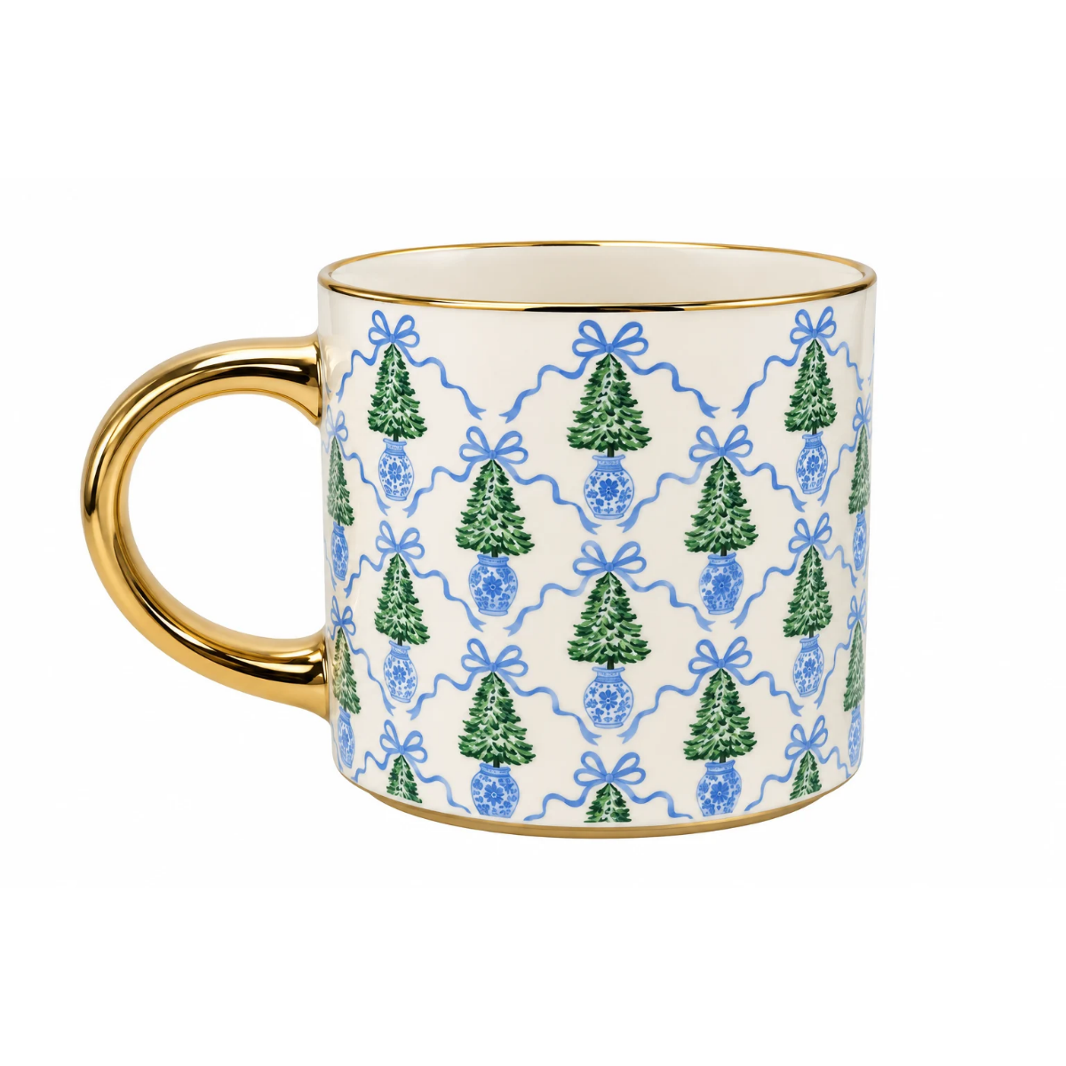 A ceramic mug with a gold rim and handle, featuring a repeating pattern of green Christmas trees, blue bows, and blue ornaments on a cream background.