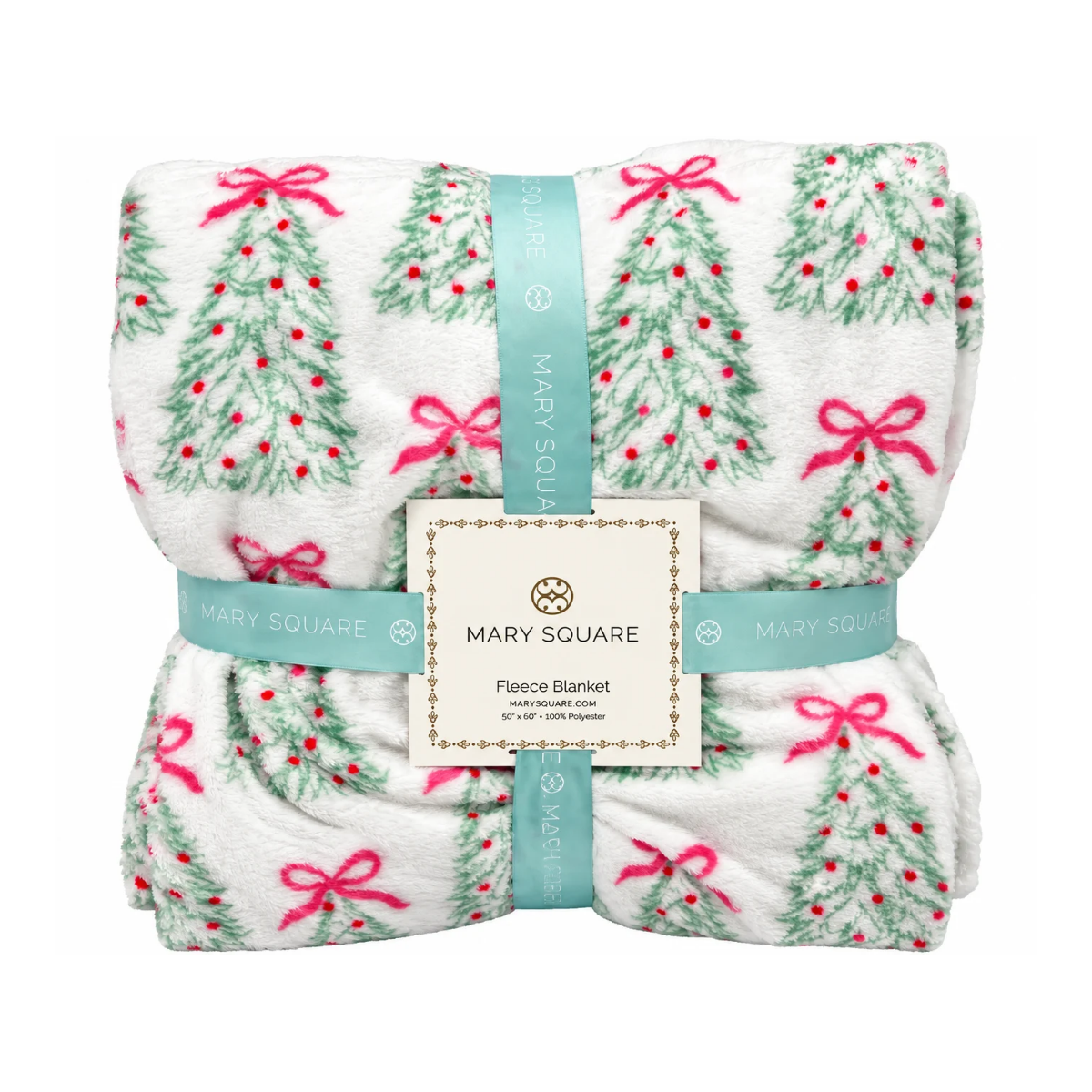 A folded fleece blanket by Mary Square featuring a Christmas tree pattern with red bows and ornaments on a white background, wrapped in a light blue ribbon with a central product label.