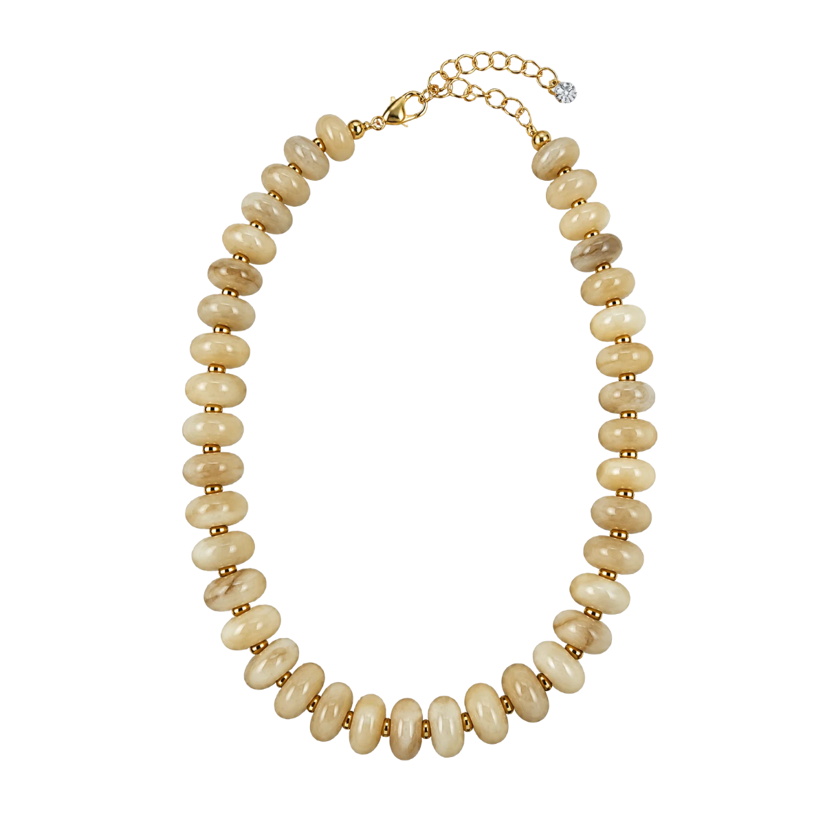 A beaded necklace made of smooth, rounded disc-like beads in a warm cream and light tan color, separated by small gold spacer beads and connected with a gold clasp and extender chain.