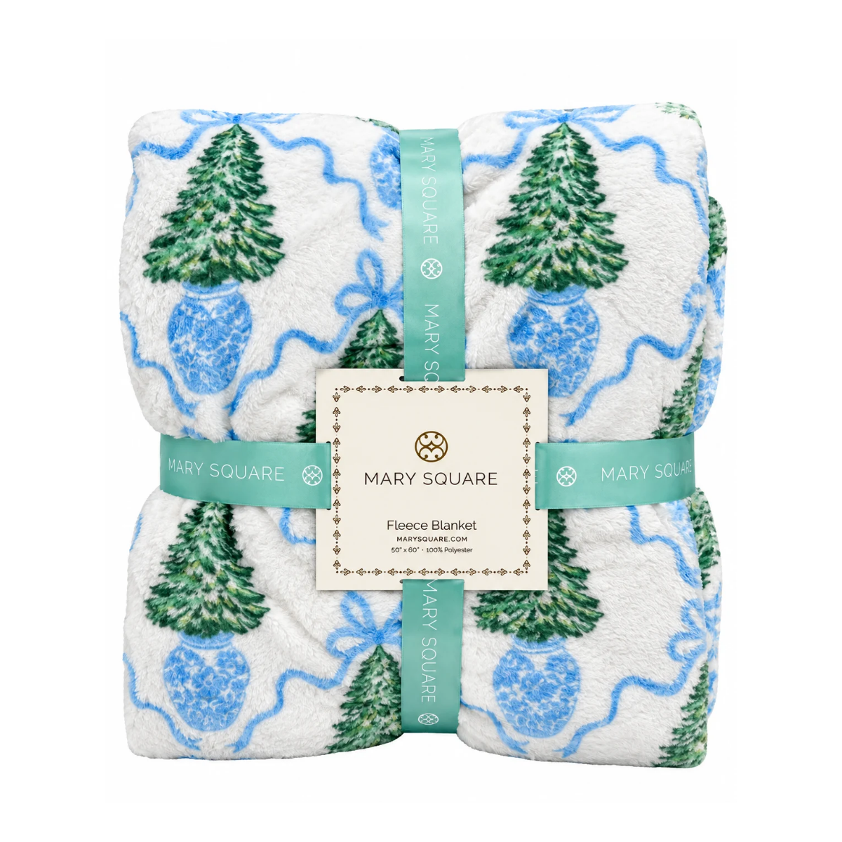 A folded fleece blanket by Mary Square featuring a white background with blue wavy lines, green pine trees, and blue floral motifs, wrapped with a mint green ribbon and a white product label.