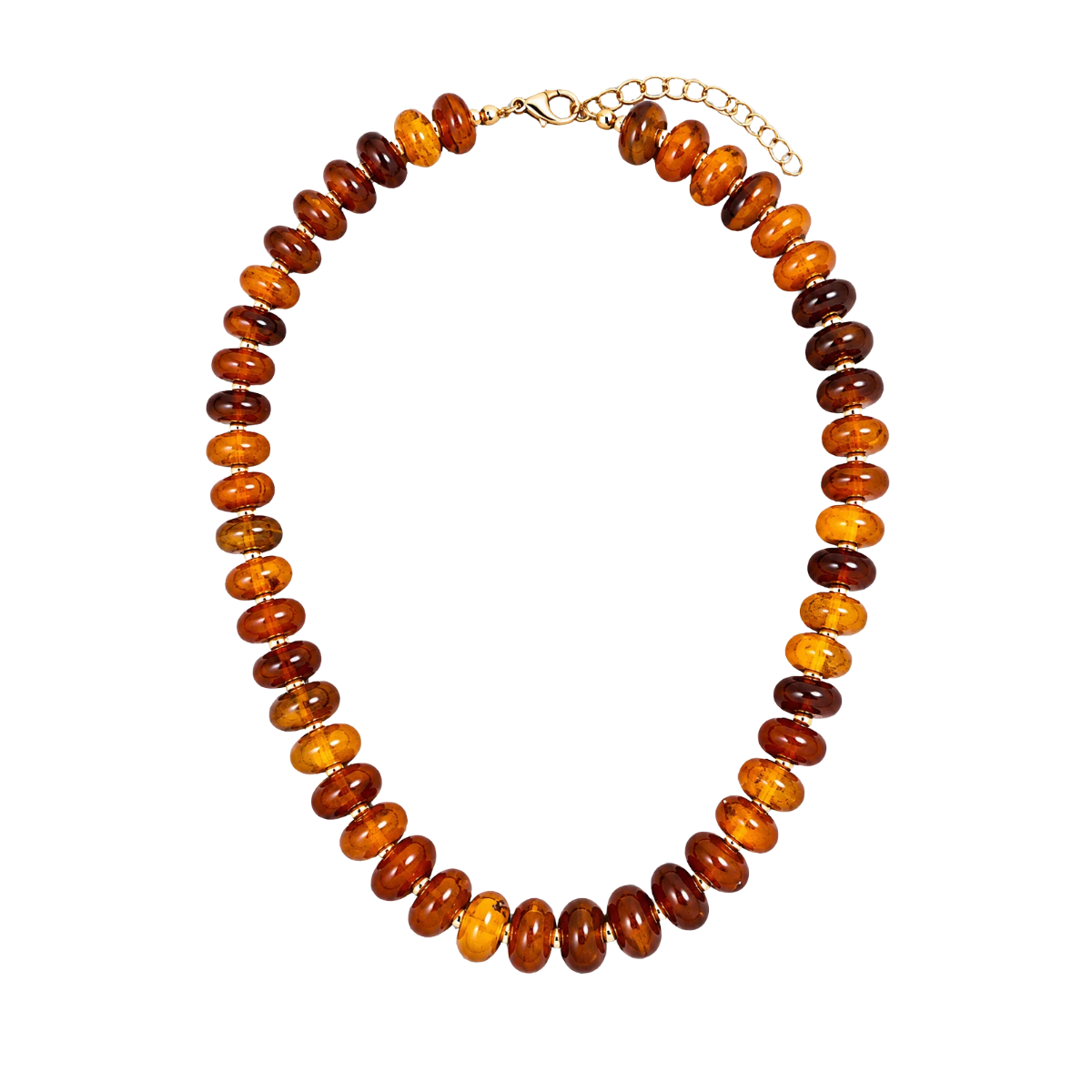 A beaded necklace made of polished oval amber beads in varying shades of brown and orange, with a gold clasp and extender chain, shown on a plain white background.