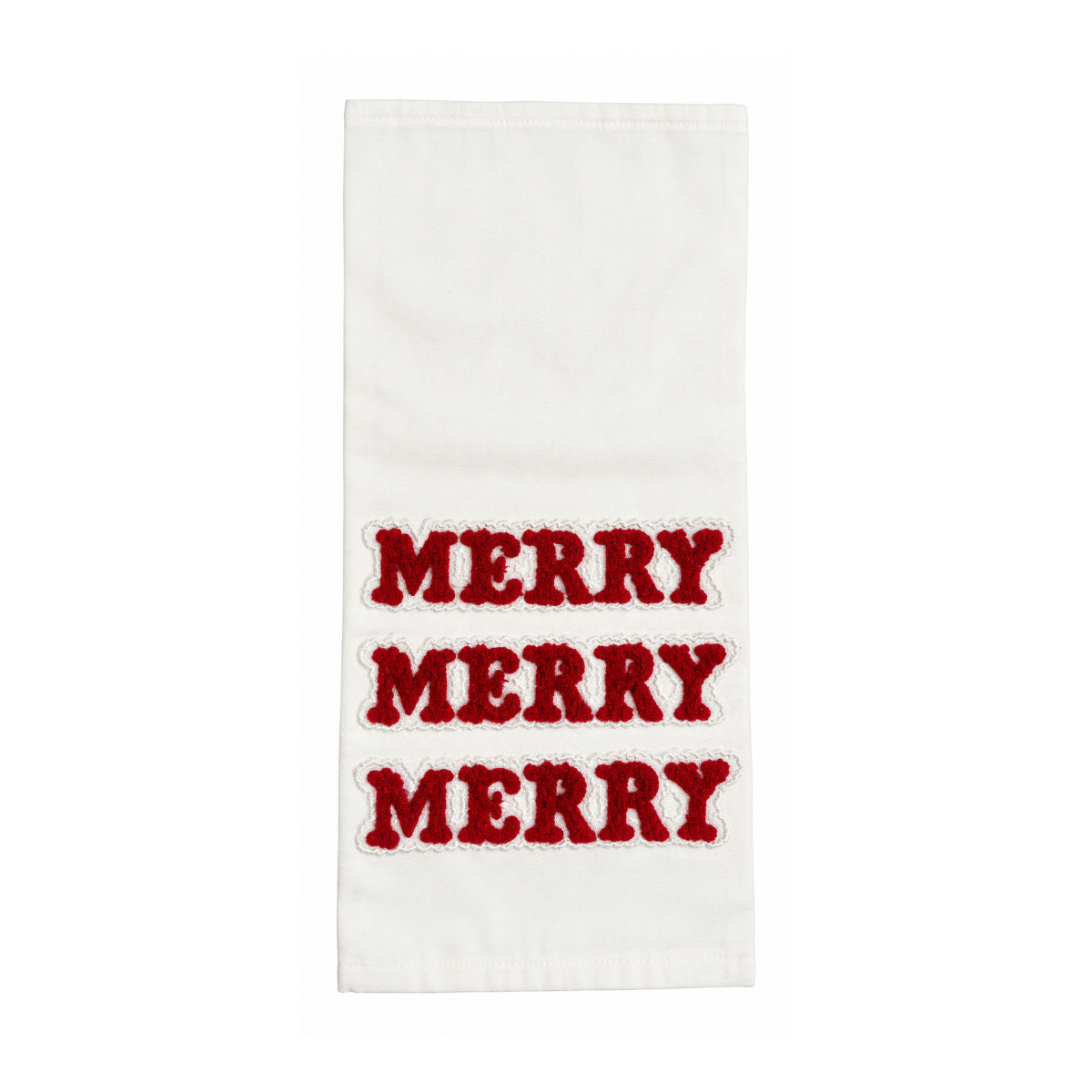 A white fabric tea towel with 'MERRY MERRY MERRY' embroidered in red across the center, shown against a plain white background.