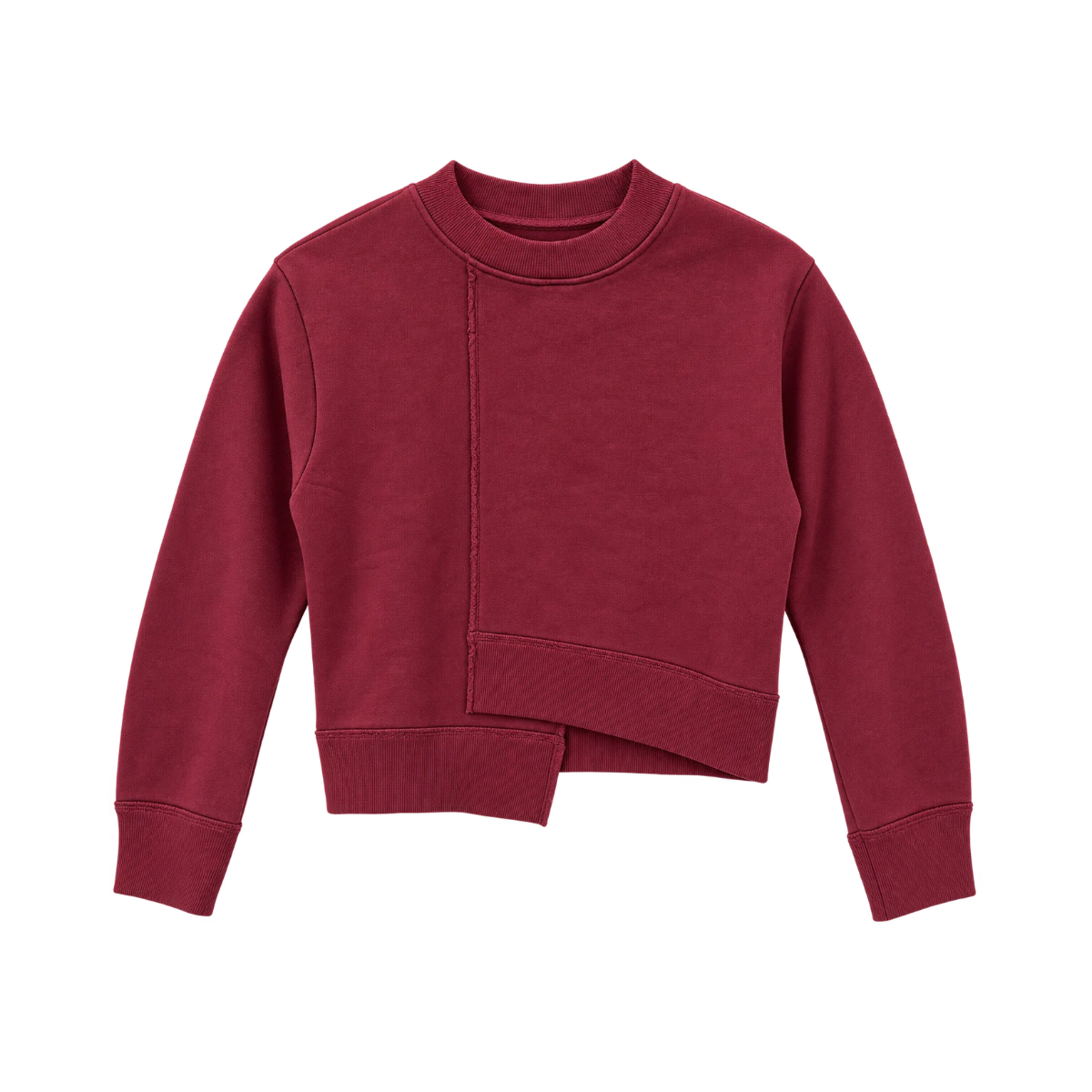Maroon Crewneck Sweatshirt Featuring an Asymmetrical Hemline, Exposed Seam Detailing, Long Sleeves, and Ribbed Trim.