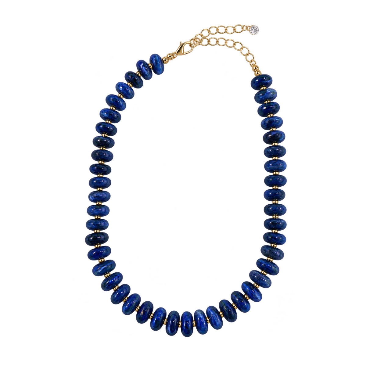 A beaded necklace made of dark blue lapis lazuli-style oval beads separated by small gold spacers, with a gold clasp and extender chain on a plain white background.
