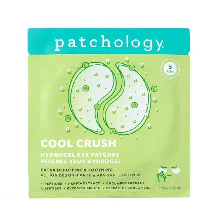 Patchology Cool Crush Hydrogel Eye Patches packaging, featuring a light green box with a turquoise top banner and an illustration of two crescent-shaped eye patches.