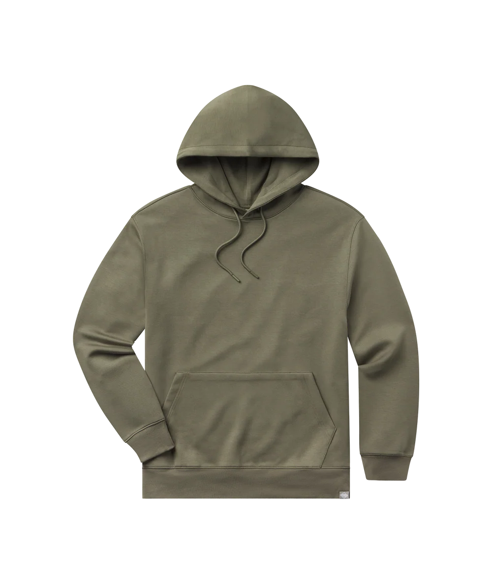 An olive green pullover hoodie with a drawstring hood and kangaroo pocket, shown on a plain white background.