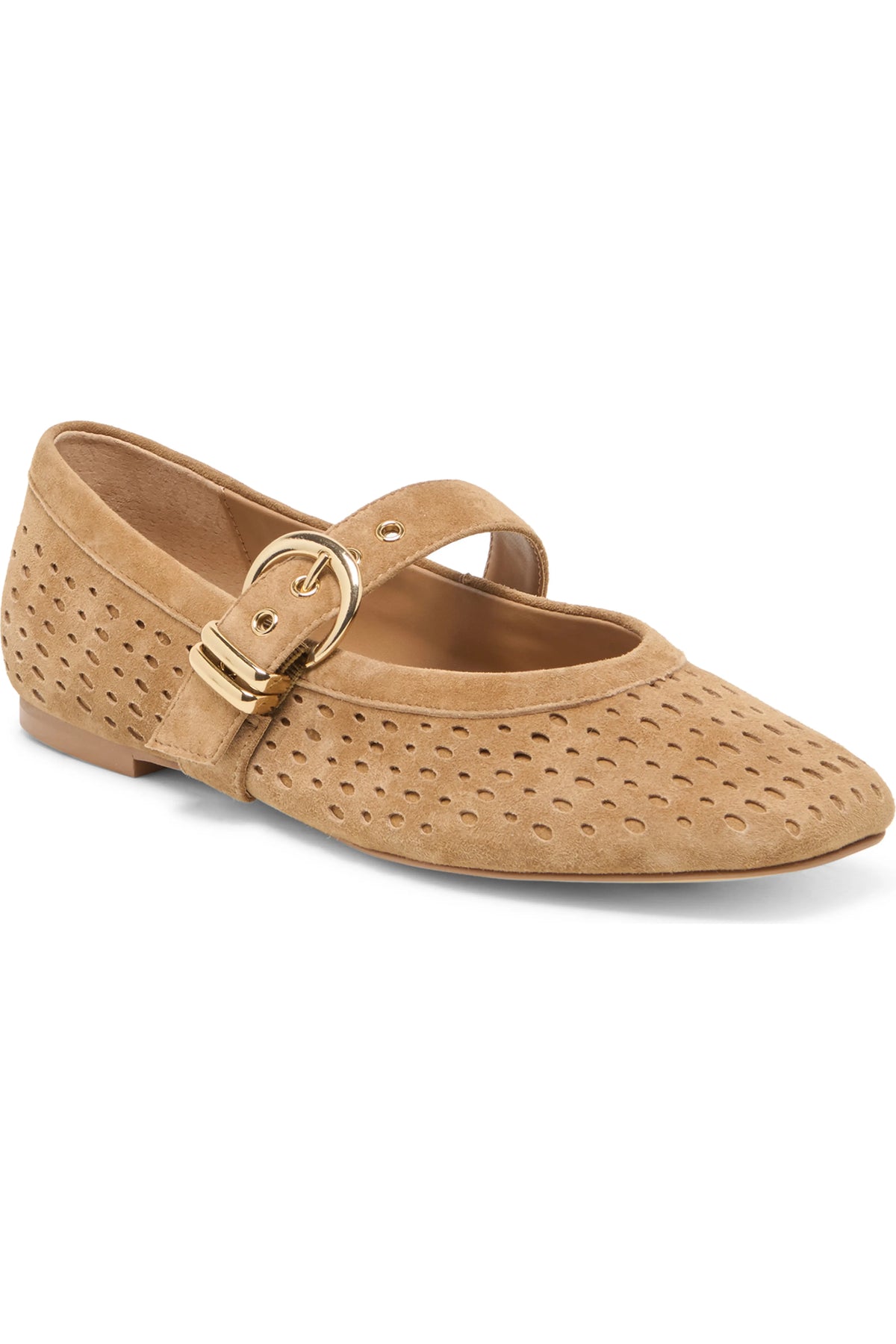 Light brown mary jane flat with perforated holes and a gold buckle on a white background. 