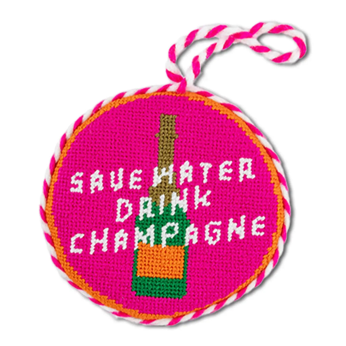 Circular ornament with 'Save Water Drink Champagne' text and champagne bottle graphic on pink background.