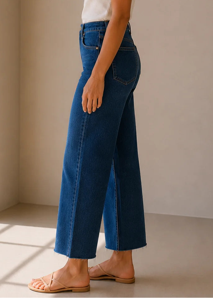 A woman wearing blue wide-leg cropped jeans, a white short-sleeve t-shirt, and tan flat sandals, standing in a brightly lit minimalist room with beige walls and floor.