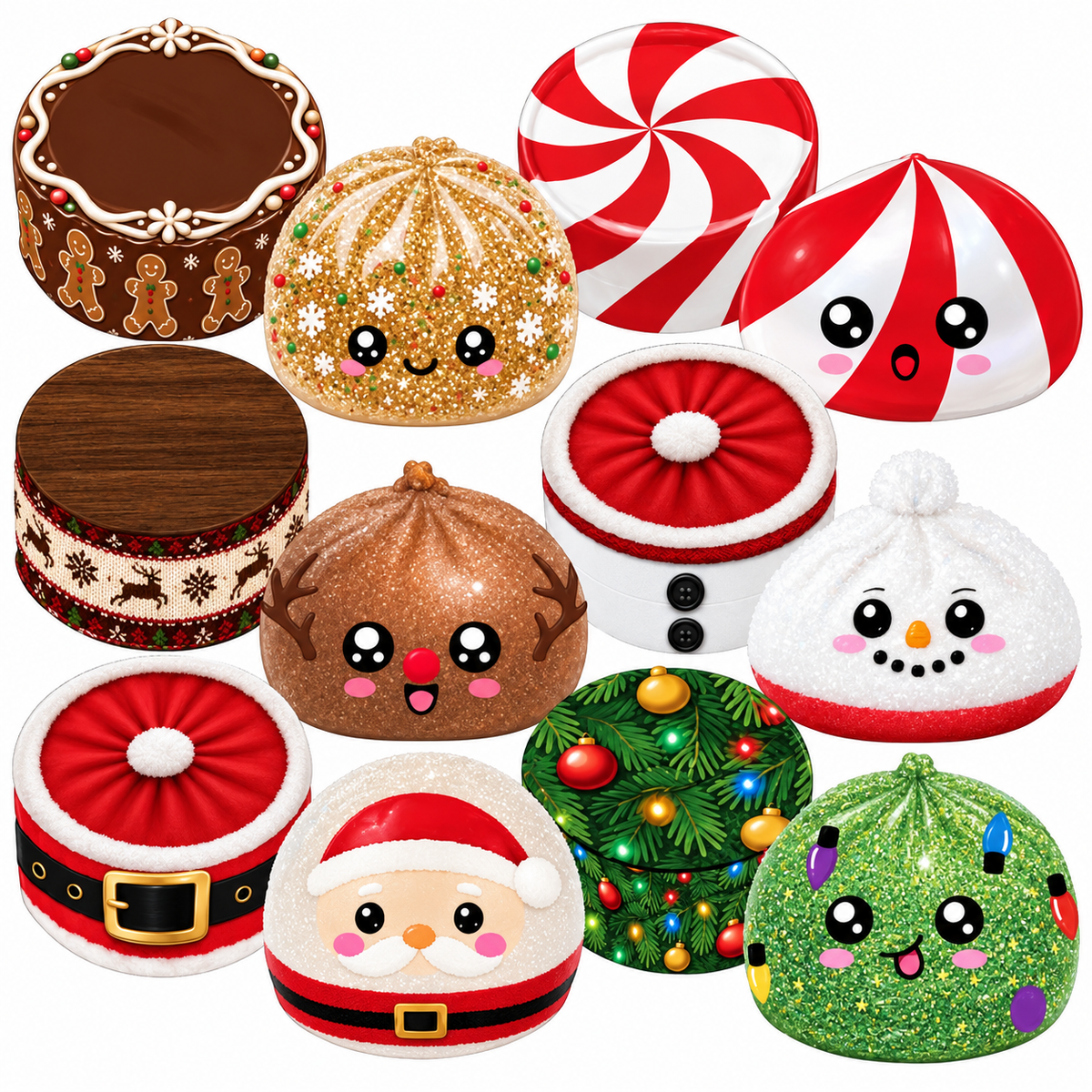 A set of cute, character-face decorated dome-shaped and round containers or covers arranged together on a plain white background. The designs include gingerbread, peppermint swirl, glitter gold, wood grain, snowman, Santa, Christmas tree, and green glitter holiday motifs.