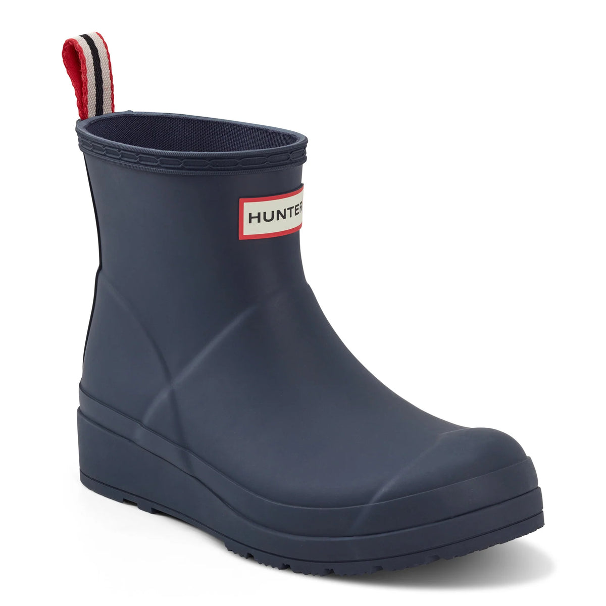 Navy blue rain boot with Hunter logo on a white background