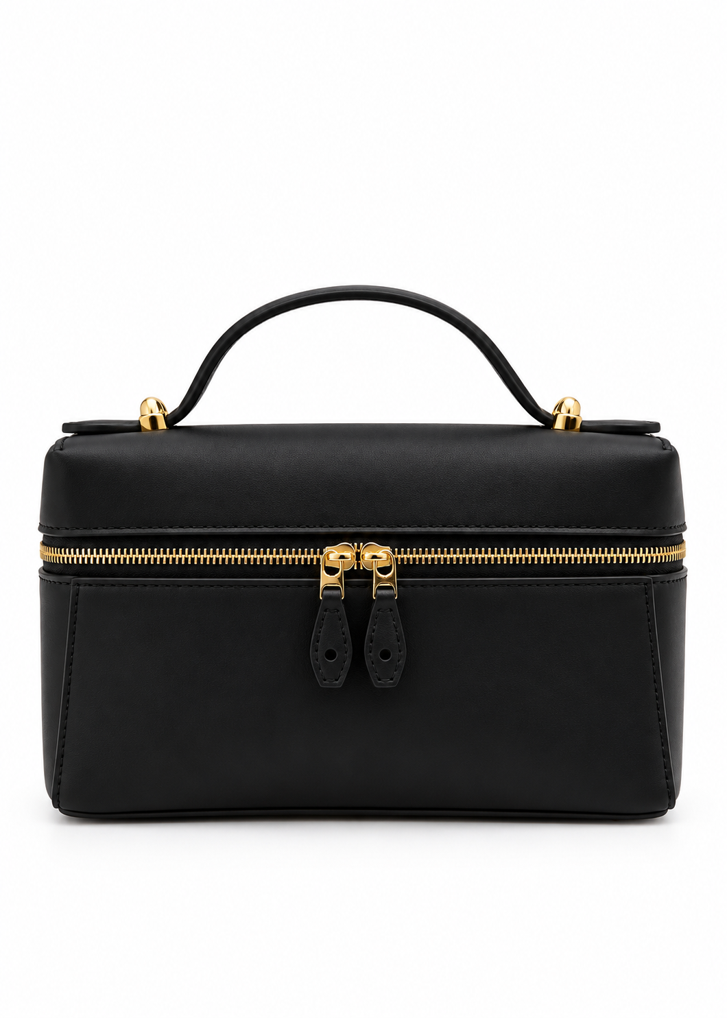 A black leather top-handle handbag with a front zip closure and gold-tone hardware, shown against a plain white background.