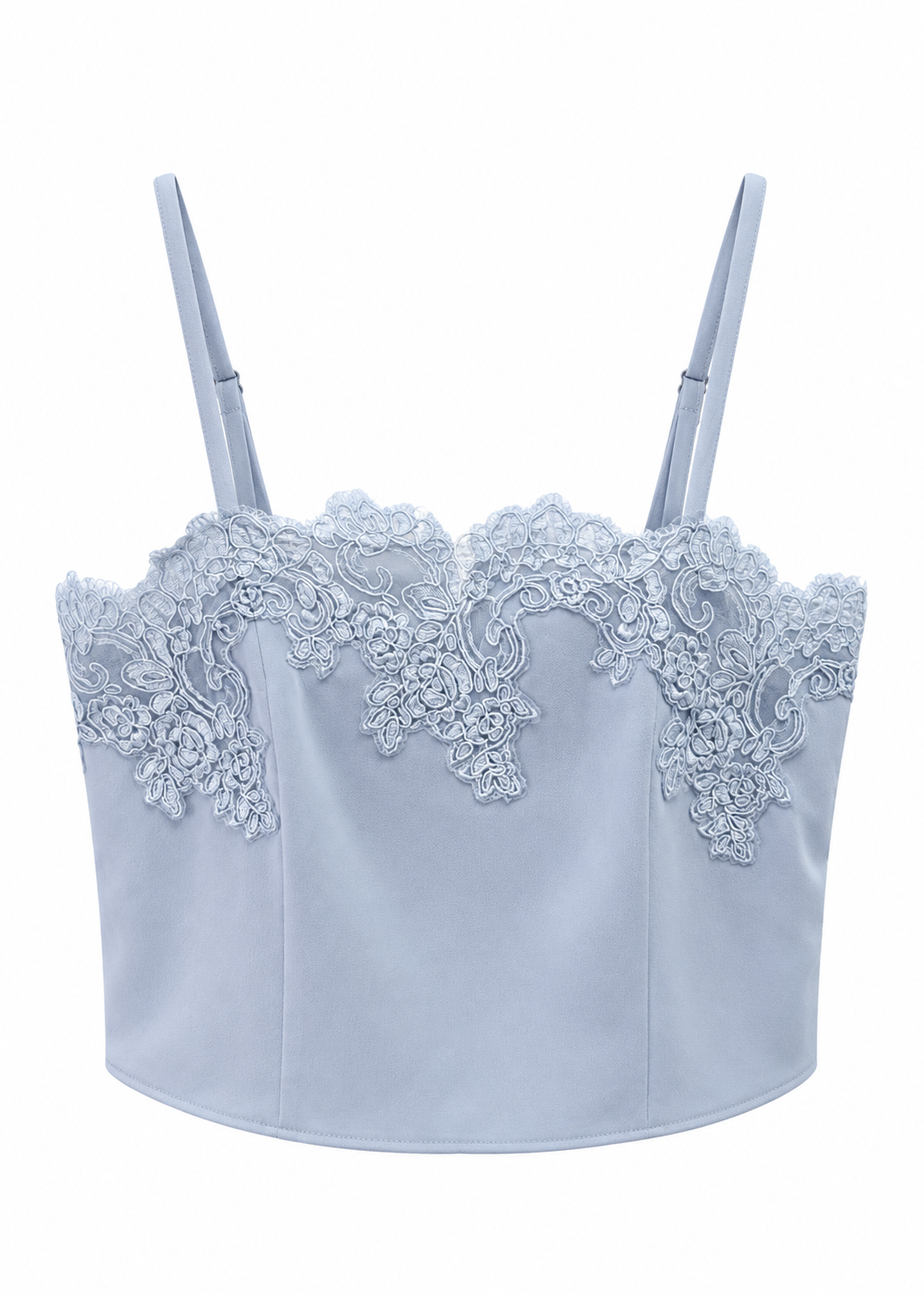 A light blue satin crop top with delicate floral lace trim across the bust and thin adjustable shoulder straps, shown against a plain white background.