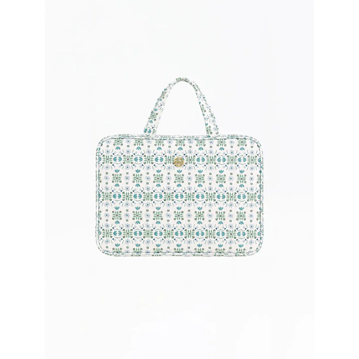 A laptop sleeve featuring a white background with a repeating teal and green geometric pattern, complete with two top handles and a small gold logo badge on the front.